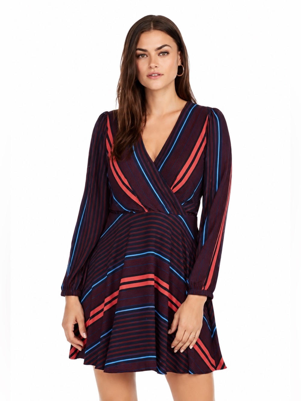 Express Navy Striped V‑Neck Long Sleeve Dress with Red & Blue Accents
